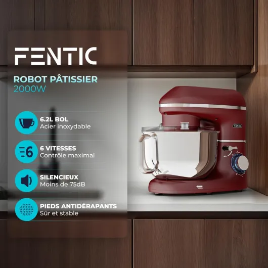 Robot Pâtissier – 2000W – Bol mélangeur en acier inoxydable (6,2L) – Avec fouet, Crochet pétrisseur et Batteur plat – Incl - et accessoires supplémentaires (Rouge)