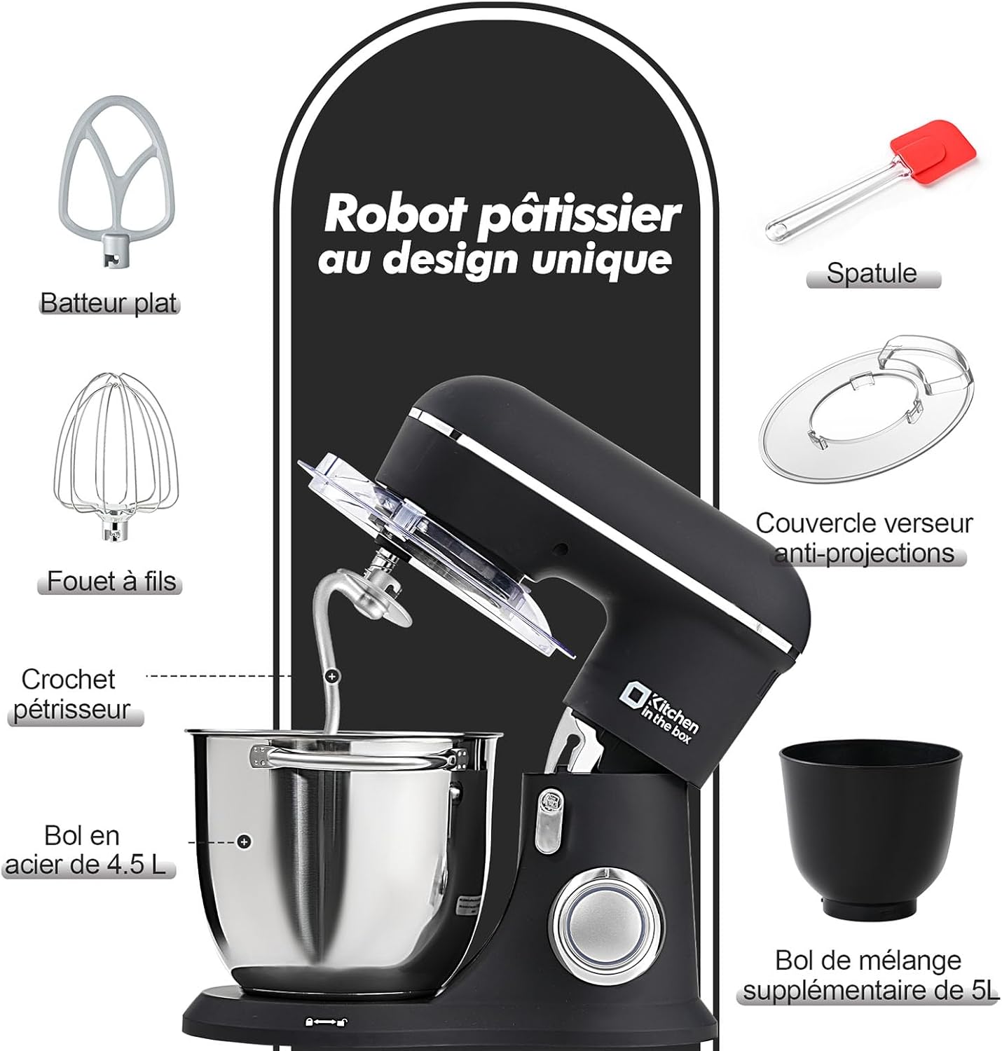 Robot Pâtissier, 4.5L+5L 2Bols Robots de Cuisine, 10 Vitesses Batteur Electrique Cuisine, 1300W Pétrin Professionnel avec Fouet, Batteur, Crochet (Noir) 4.5L+5L Noir