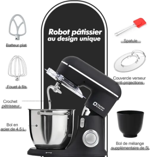 Robot Pâtissier, 4.5L+5L 2Bols Robots de Cuisine, 10 Vitesses Batteur Electrique Cuisine, 1300W Pétrin Professionnel avec Fouet, Batteur, Crochet (Noir) 4.5L+5L Noir