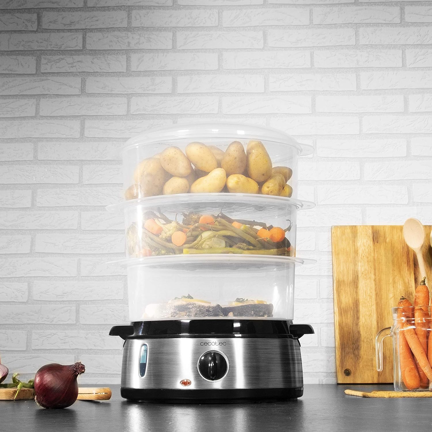 Cuiseur à Vapeur électrique Vapovita 3000 INOX, 800 W, 3 paniers indépendants, Minuterie 60 Minutes, Compatible Lave-Vaisselle - Acier Inoxydable