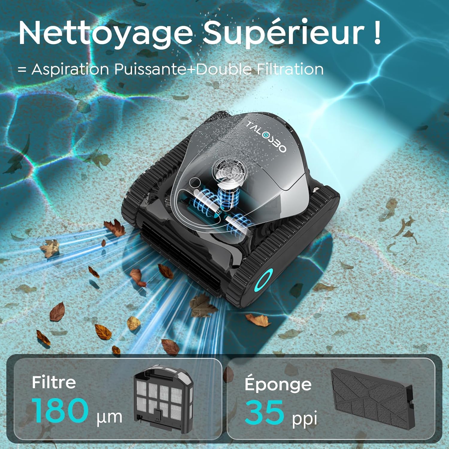 (2026 Nouv) Talosbo C1 Robot Piscine Fond et Parois, Filtrant 180μm et Éponge 35ppi, 180 Min d'Autonomie, Aspirateur Piscine sans Fil & Contrôle Via APP, pour Piscines jusqu'à 150 m² Gris anthracite