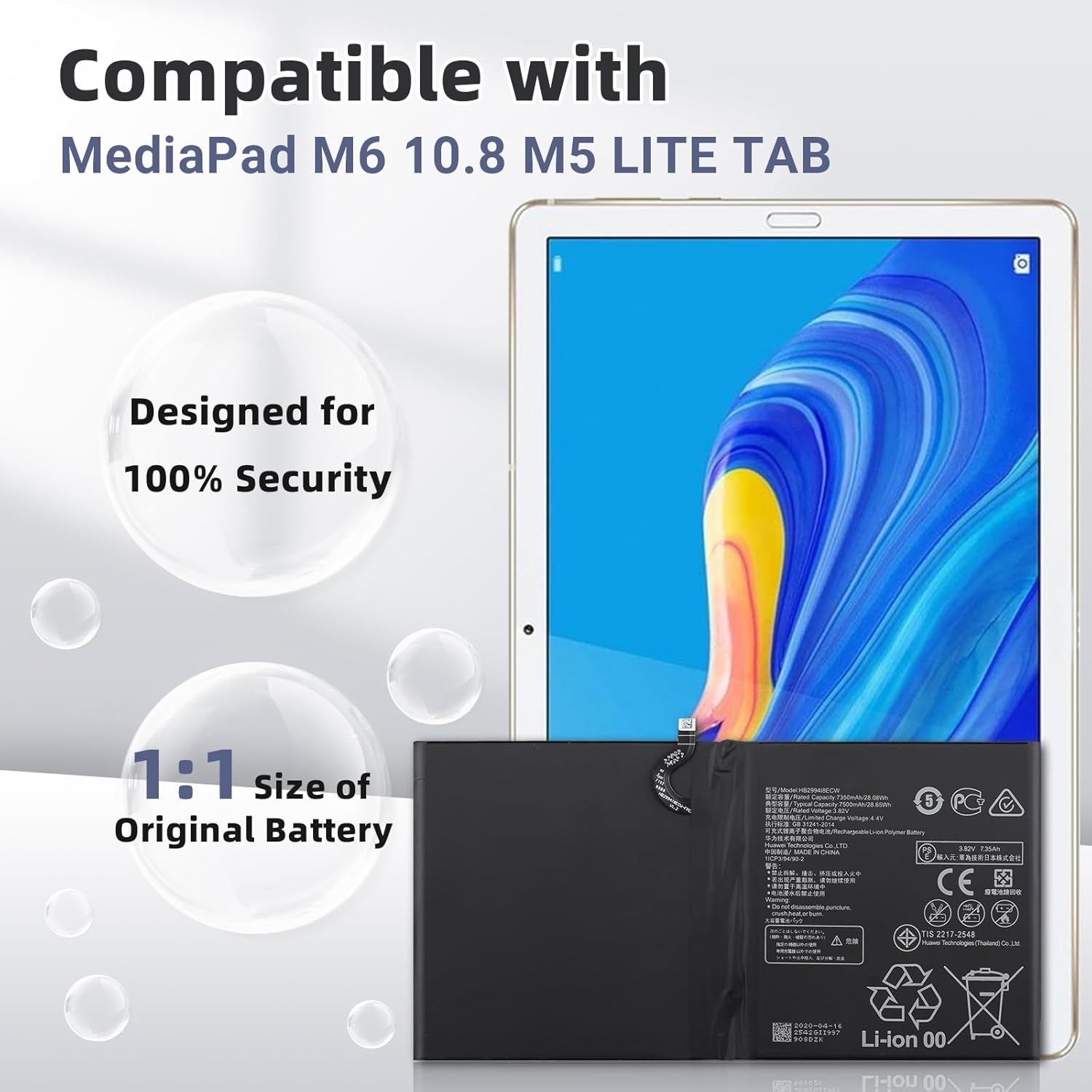 HB299418ECW Batterie de rechange compatible avec Huawei Mediapad M6 10.8/M5 Lite/M5 Lite 10.1/M5 10/M5 10 Pro avec kit d'outils gratuit.