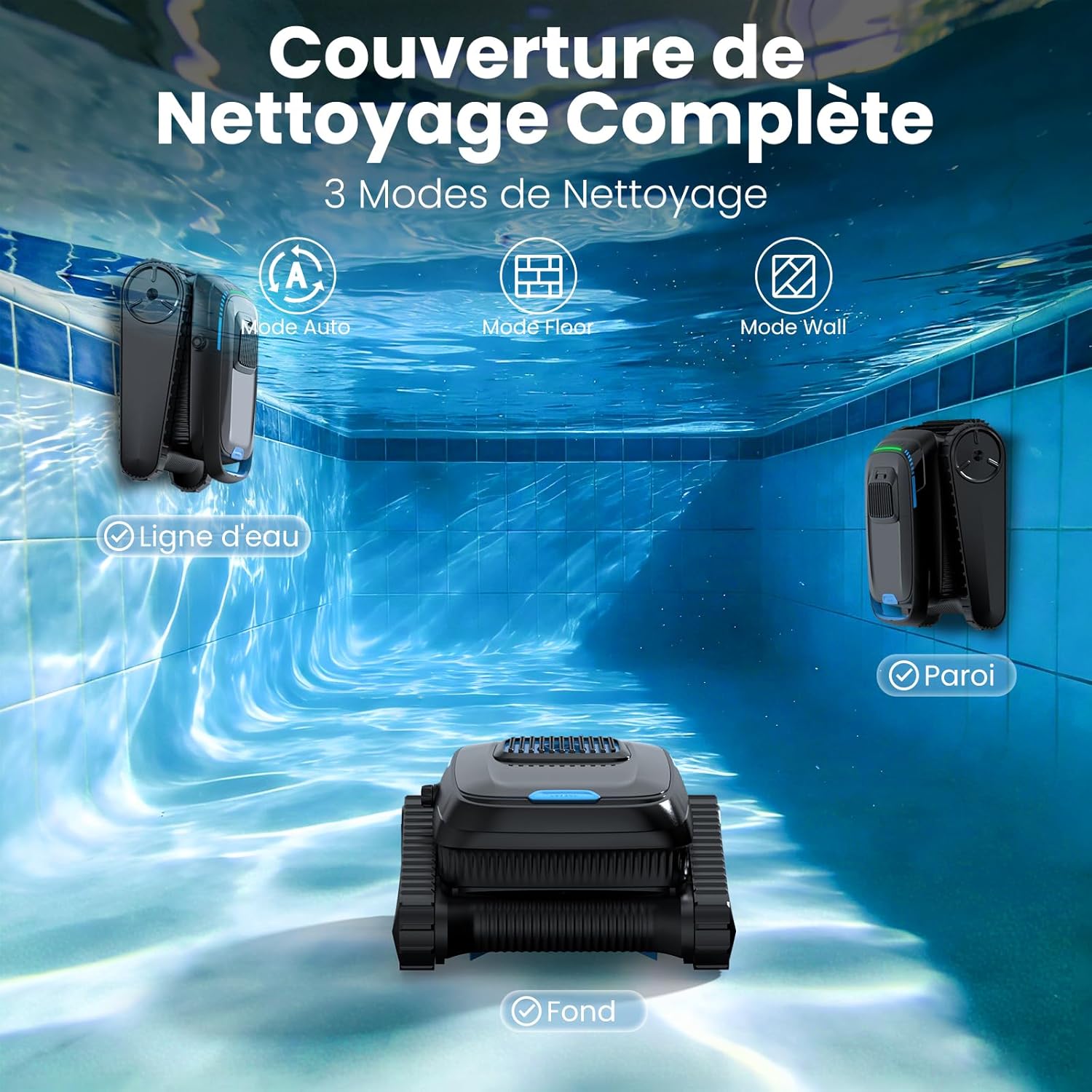 (2026 Upgrade) Robot de piscine Sol et Mur, Ligne d'eau, Aspirateur de piscine sans fil à batterie, Navigation intelligente, Puissant 18927 L/H, Nettoyeur de piscine pour piscines jusqu'à 170㎡ Noir