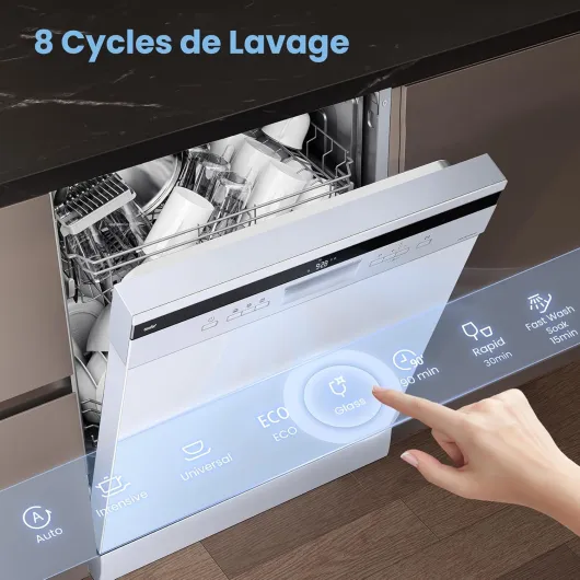 Lave-vaisselle pose libre COMFEE' FD1435E-X pour 14 couverts, grand format, 44 dB, grand écran LED, départ différé, fonctionnalité demi-charge, supports flexibles, blanc 14 Couverts Blanc