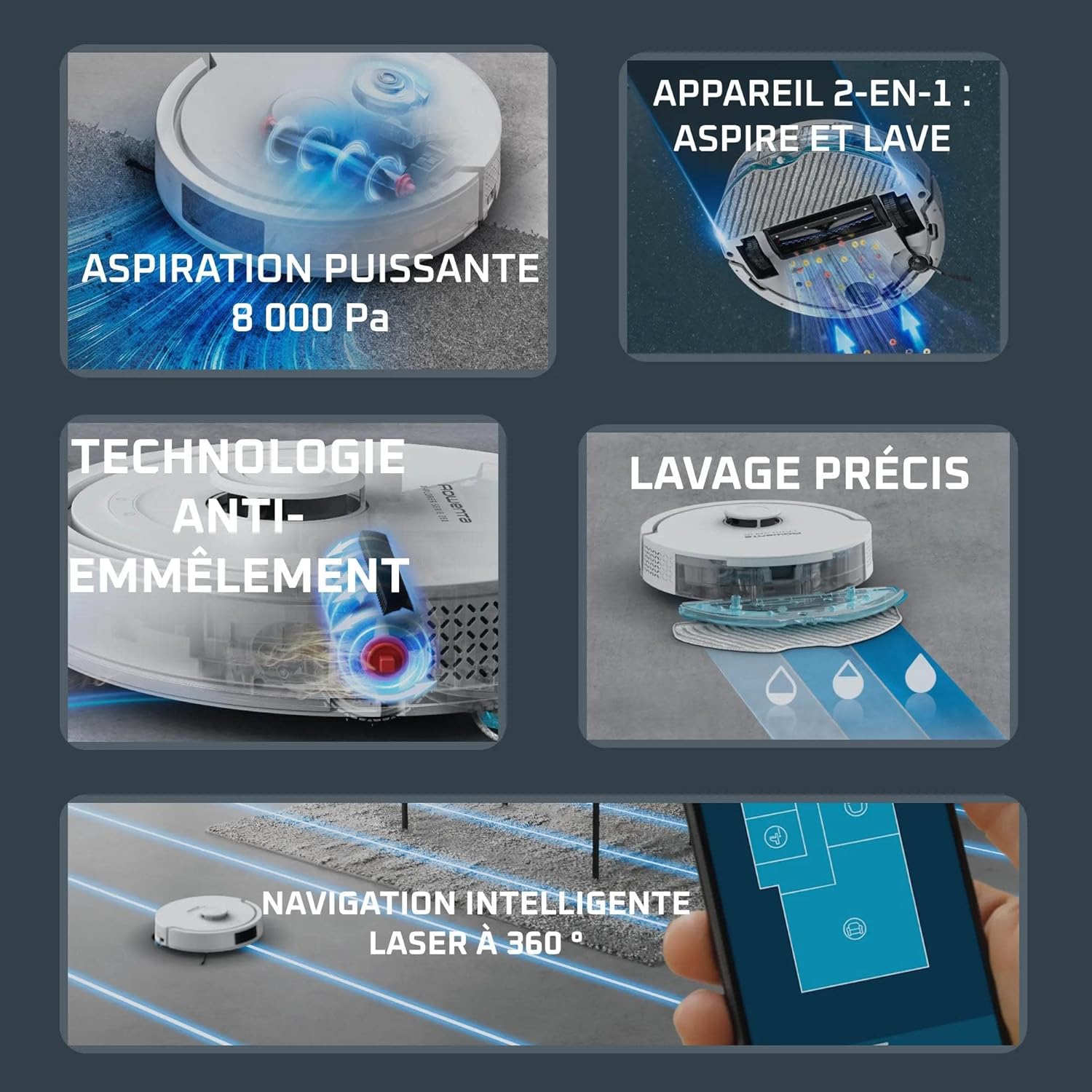 X-Plorer Série 280, Aspirateur Robot Laveur, Puissance de 8000 Pa, Technologie Anti-emmêlement, Modèle Animal & Allergie, RR88H7E0