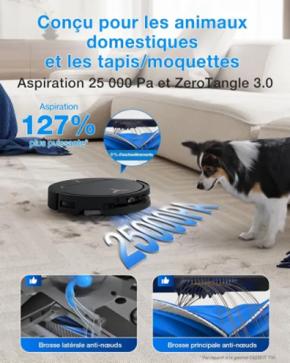 ECOVACS DEEBOT T50 Pro Omni Gen3 Aspirateur Robot Laveur, Brosse latérale et Patin Extensibles, 25 000 Pa, AIVI 3D 3.0, Ajout Auto Solution, Lavage 75 °C, Séchage air Chaud, Ultra-Fin 81mm, Noir T50 PRO OMNI BLACK Gen3