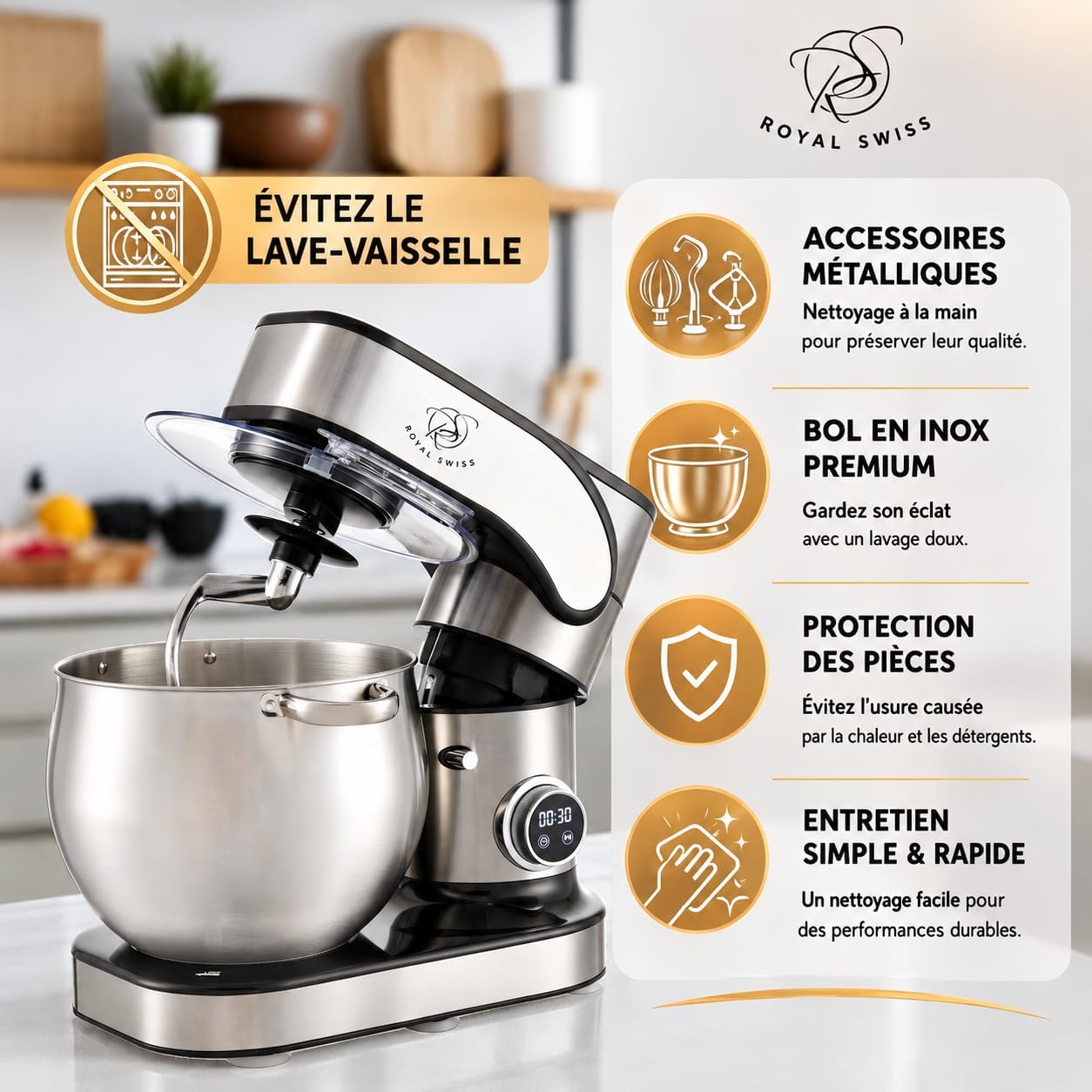 ® Robot Pâtissier – 2000 W - Mélange Planétaire - Écran LED Tactile - 12 Vitesses + Minuterie - Bol Inox XXL - Accessoires Inclus (Fouet, Crochet, Batteur) - Robot de Cuisine Professionnel 12 L - Mixer 1