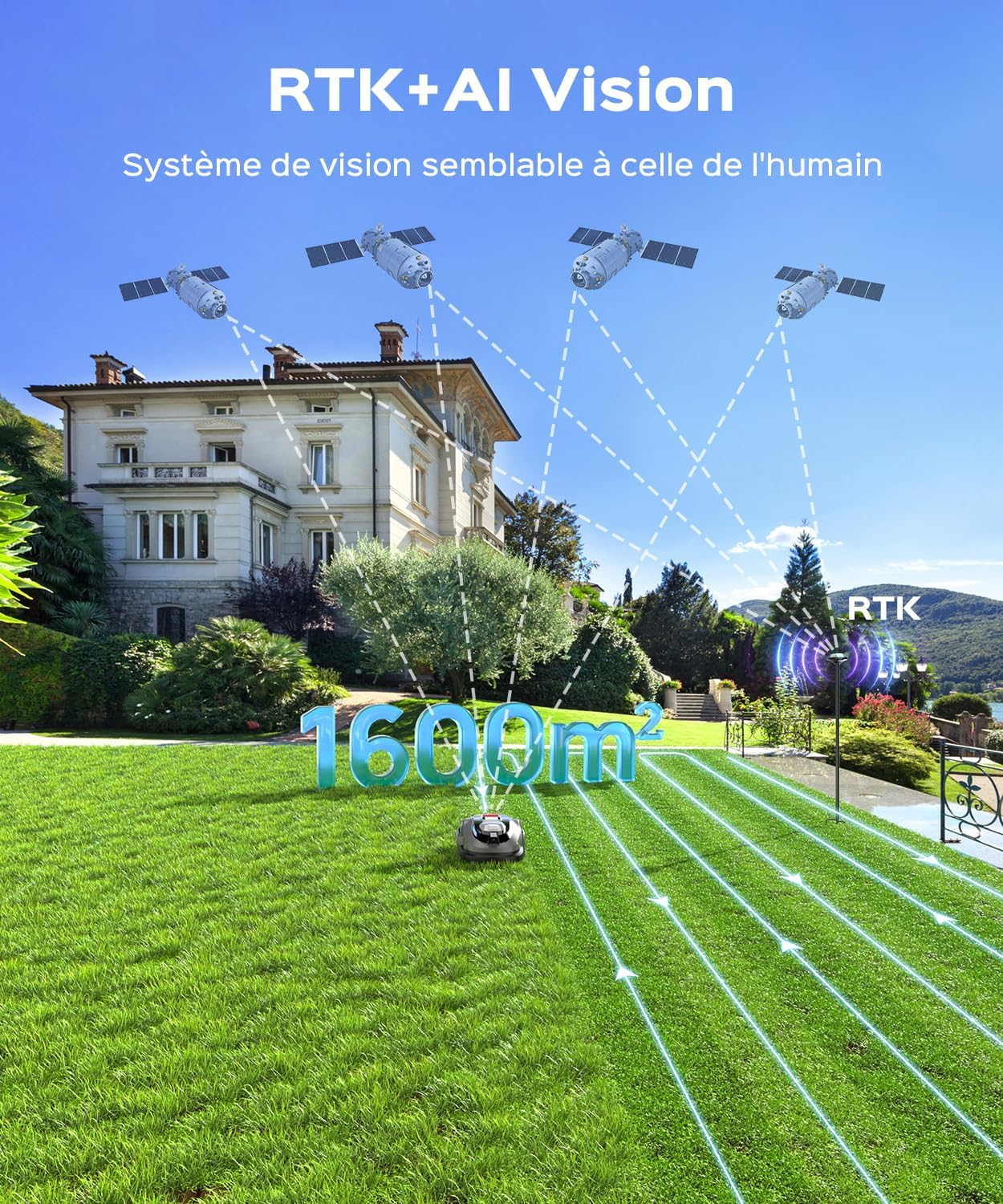 (2026 Upgrade) YARDCARE N1600 Pro Robot Tondeuse sans Fil périphérique, Max 1600 m² – avec RTK & Vision, trajectoire en U, Gestion multizone, contrôle Via Application et évitement des Obstacles