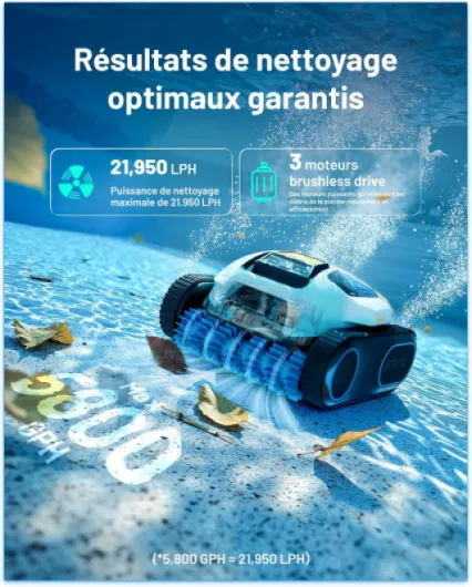 E1 (2026 Nouveau) Robot Piscine, Parois, Sol et Ligne d’Eau, Puissance 21950 LPH, Autonomie 210 Min, 5-en-1 Mode, Navigation SmartArc et Contrôle App, pour Piscine Jusqu’à 150 m²