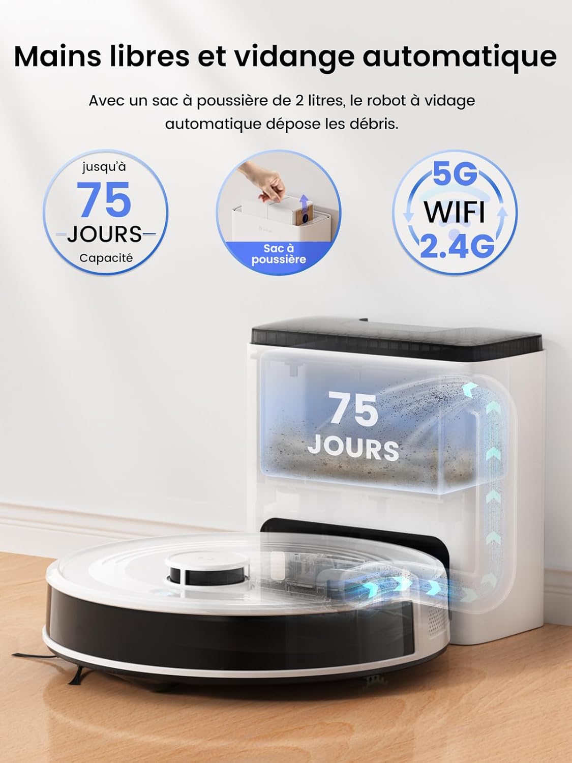 M2 Plus Robot Aspirateur Laveur 6000Pa avec Station, Vidage Automatique, Navigation Laser avec Cartographie, Évitement d'obstacles PSD, Idéal pour Poils d'animaux/Tapis, App/WiFi/Alexa, Blanc Blanc Nacré