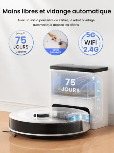 M2 Plus Robot Aspirateur Laveur 6000Pa avec Station, Vidage Automatique, Navigation Laser avec Cartographie, Évitement d'obstacles PSD, Idéal pour Poils d'animaux/Tapis, App/WiFi/Alexa, Blanc Blanc Nacré