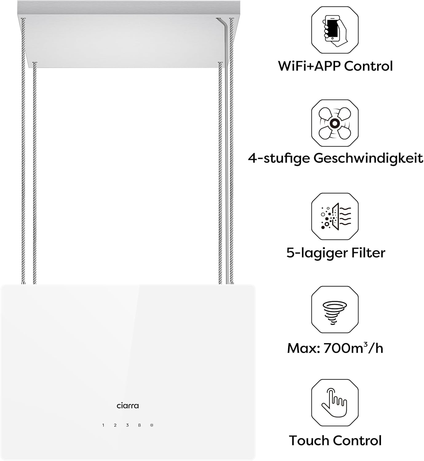 Hotte Aspirante d'ilot Classe A+++ 48 cm 700 m³/h - Hotte Suspendue Commande Tactile et WIFI - 4 Vitesses et Fonction Boost - LED Dimmable - Filtre à Charbon Inclus - Hotte Blanche - CBCS4850