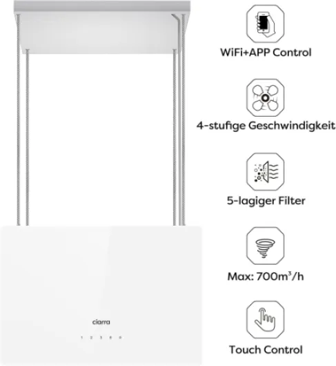 Hotte Aspirante d'ilot Classe A+++ 48 cm 700 m³/h - Hotte Suspendue Commande Tactile et WIFI - 4 Vitesses et Fonction Boost - LED Dimmable - Filtre à Charbon Inclus - Hotte Blanche - CBCS4850