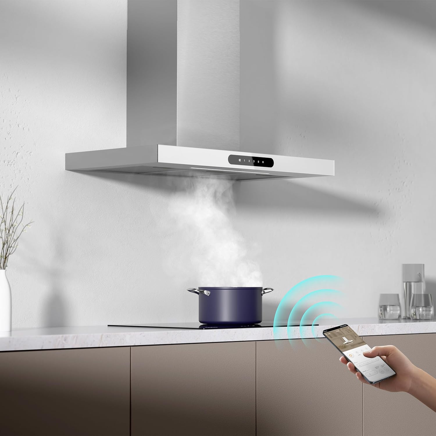 Hotte Aspirante Class A+++ 90cm 650m³/h Tactiles et WiFi Connectée 4 Vitesses&Fonction Boost avec Filtre Charbon Recyclage ou Evacuation Blanche CBCW9102