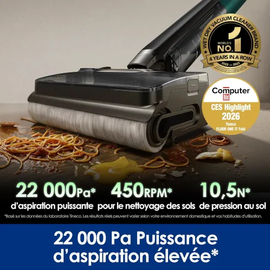 Tineco Floor One i7 Fold aspirateur Eau et poussière, Aspiration 22 kPa, Conception Anti-emmêlement DualBlock, FlashDry 85 ℃, autonomie 50 Min, Nettoyage des Bords Double Face, Design Plat à 180°