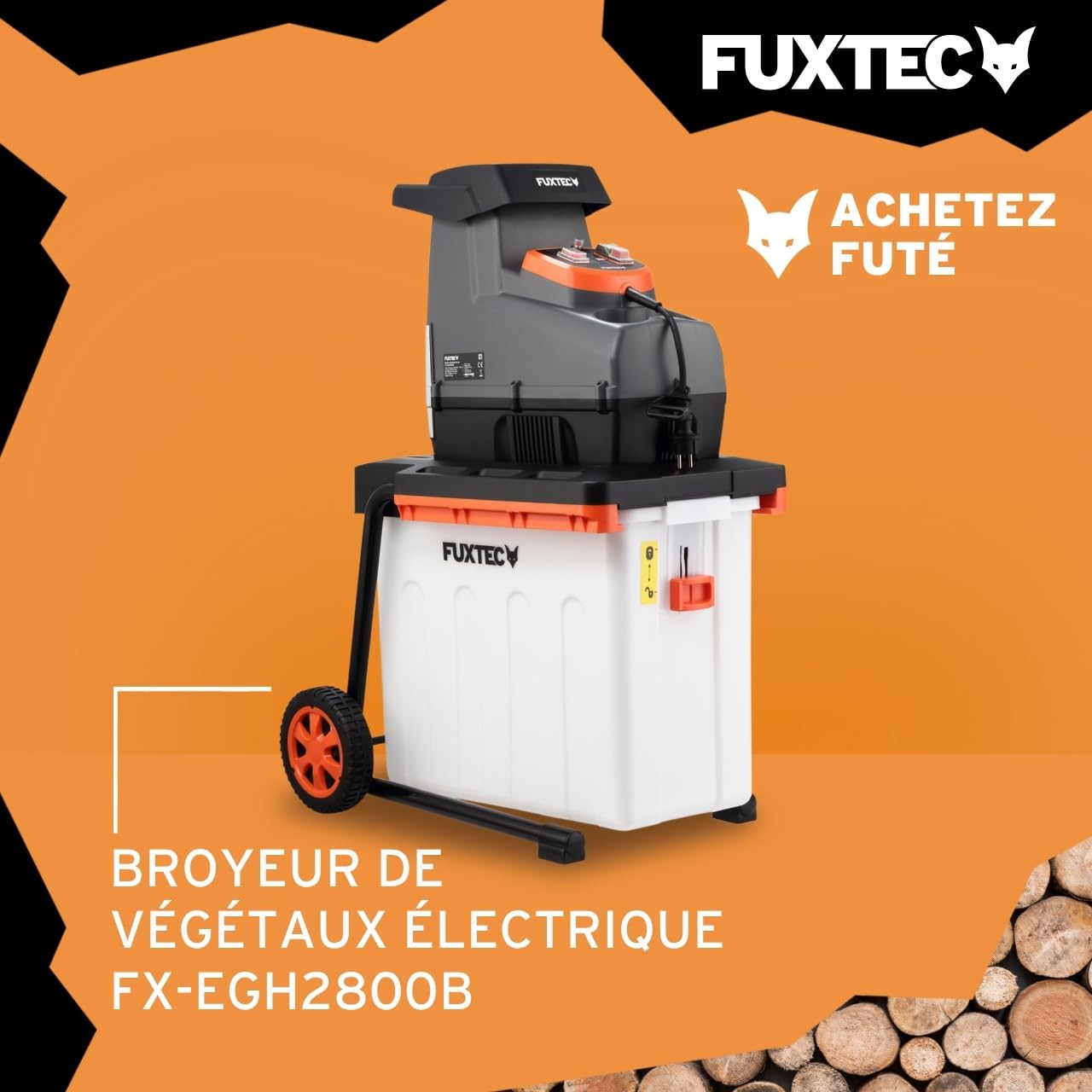 Broyeur de végétaux électrique FX-EGH2800B – 2800 W, système de coupe à rouleaux silencieux – Bac 60 L, coupe jusqu’à 44 mm, marche avant/arrière, protection IPX4