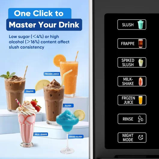 Machine à Glaçons – 2,5 L Slushie Machine, pas besoin de glace, avec écran LED, 6 programmes prédéfinis pour margaritas, frappés, milkshakes, fonctionnement à un bouton, nettoyage Black+sliver