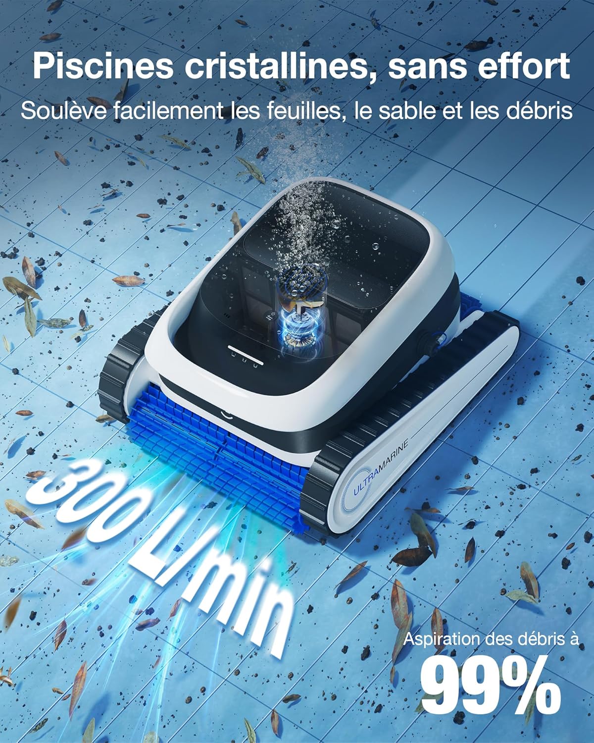 Ultramarine P1 Robot Piscine Nettoyage Fond et parois, Aspirateur Piscine 180 Min, 180 m², Aspiration UltraPure 300 L/Min, Application, Filtre Double Couche, Navigation SmartNavi