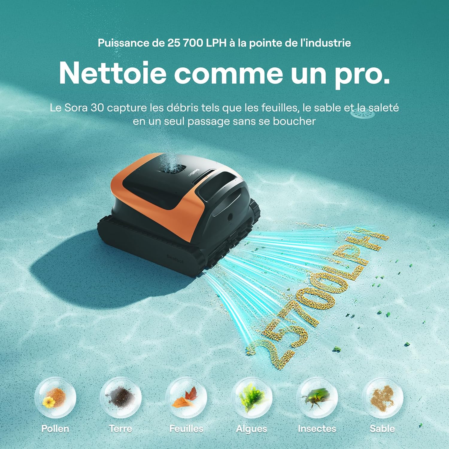 Sora 30 Robot Piscine sans Fil, Aspirateur Piscine Puissant, Nettoyage Complet Fond Parois Ligne d’Eau, Retour Automatique en Surface, Autonomie 5h, Contrôle Via Application – Orange Cosmique
