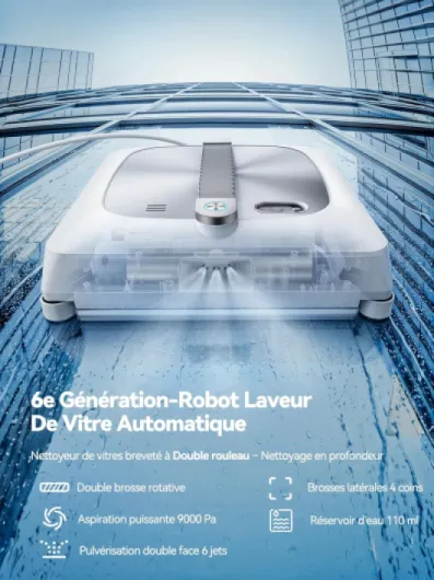 Robot Laveur de Vitre 6e Génération 2026 - Double Rouleau, 4 Brosses d'Angle, 9000Pa, 6 Buses, 110ml, Navigation Intelligente, Fréquence Nettoyage Variable & Protection Antichute,Robot Nettoyeur Vitre