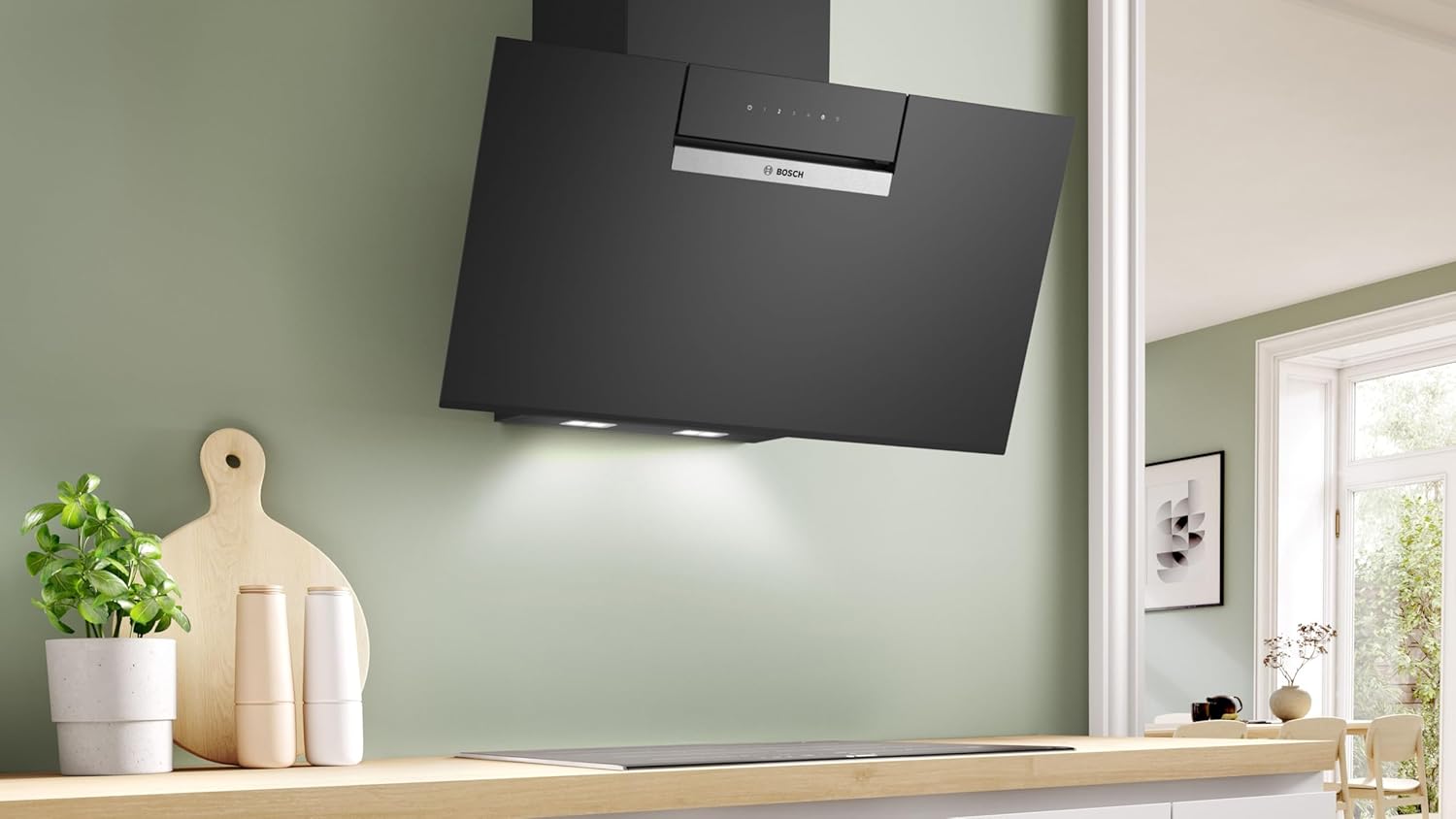 DWK87FN60, Hotte murale Série 4, 4 vitesses d'aspiration dont 1 intensive, 80cm, Noir avec finiton en verre Série 4 Noir - DWK87FN60