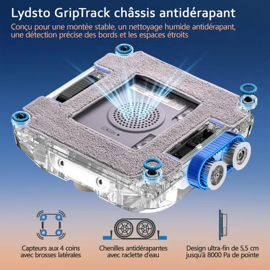 Lydsto WL07 Max Robot Nettoyeur de Vitres, Robot Laveur Vitre avec Buses à 4 Pulvérisation Ultrasonore, 8000Pa, Ultra-Plat 5.5cm, Réservoir de 110 ML, Navigation Intelligente, 2 Chiffons Blanc