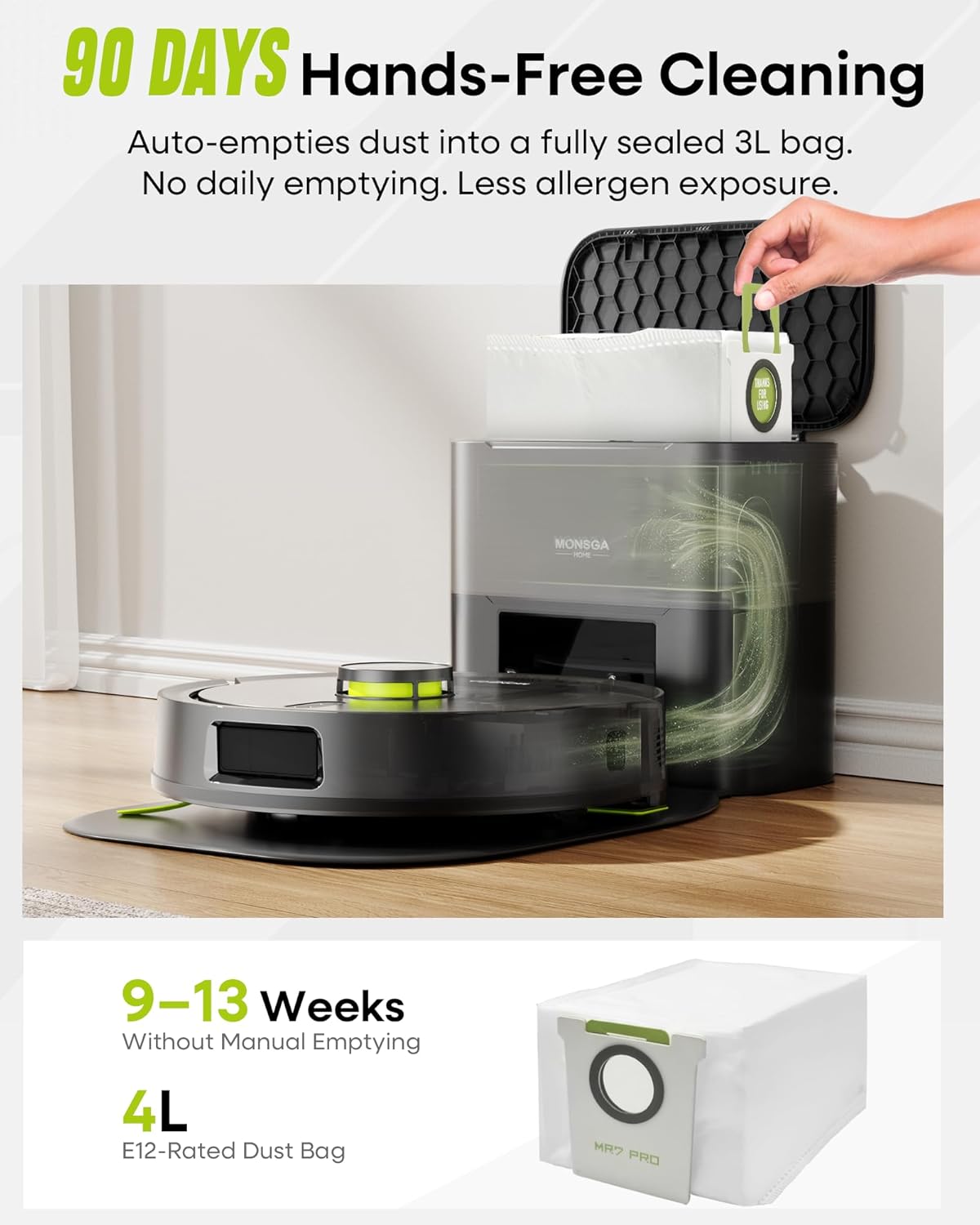 MONSGA Robot Vacuum with Mop Self Emptying, 8000Pa Suction, Lidar Navigation, Dual Anti-Tangle, Protective Charging Base Pad, 90 Days Hands-Free, APP/Remote/Voice Control, for Hard Floors and Carpets Grey