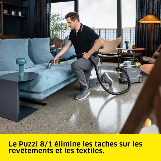 Kärcher Injecteur-extracteur Puzzi 8/1, pour tissus d'ameublement et surfaces textiles, réservoir d'eau : 8 l, rendement de surface : 12-18 m²/h, poids : 8,6 kg, buse ergonomique
