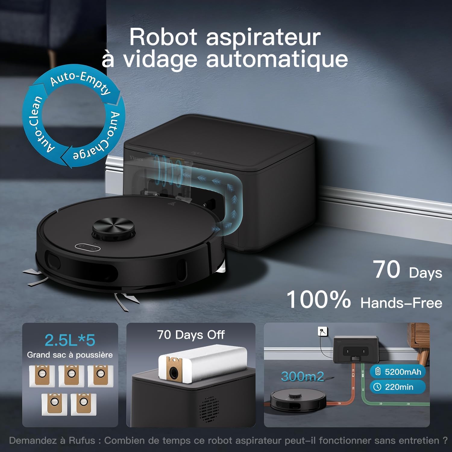 Robot Aspirateur Laveur avec Station jusqu'à 8000Pa 70 Jours Vidage Automatique Autonomie 220min, Navigation LiDAR & Cartographie, Connecté par Alexa/APP pour Poils d'Animaux, Sols Durs et Tapis-Noir