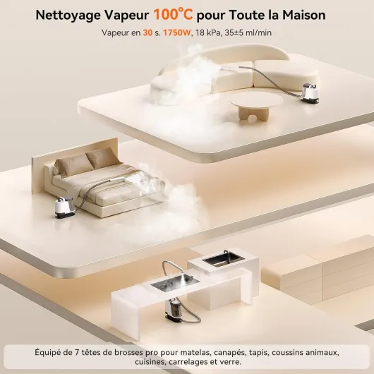 Y100 Steam 3-en-1 Shampouineuse, Nettoyeur Canapé Tissu 18KPA, 1750W, Nettoyeur Vapeur 100°C, à l'Eau Chaude 65°C, à l'Eau Froide, Auto-nettoyage, Injecteur Extracteur Tête Multi, Détergent