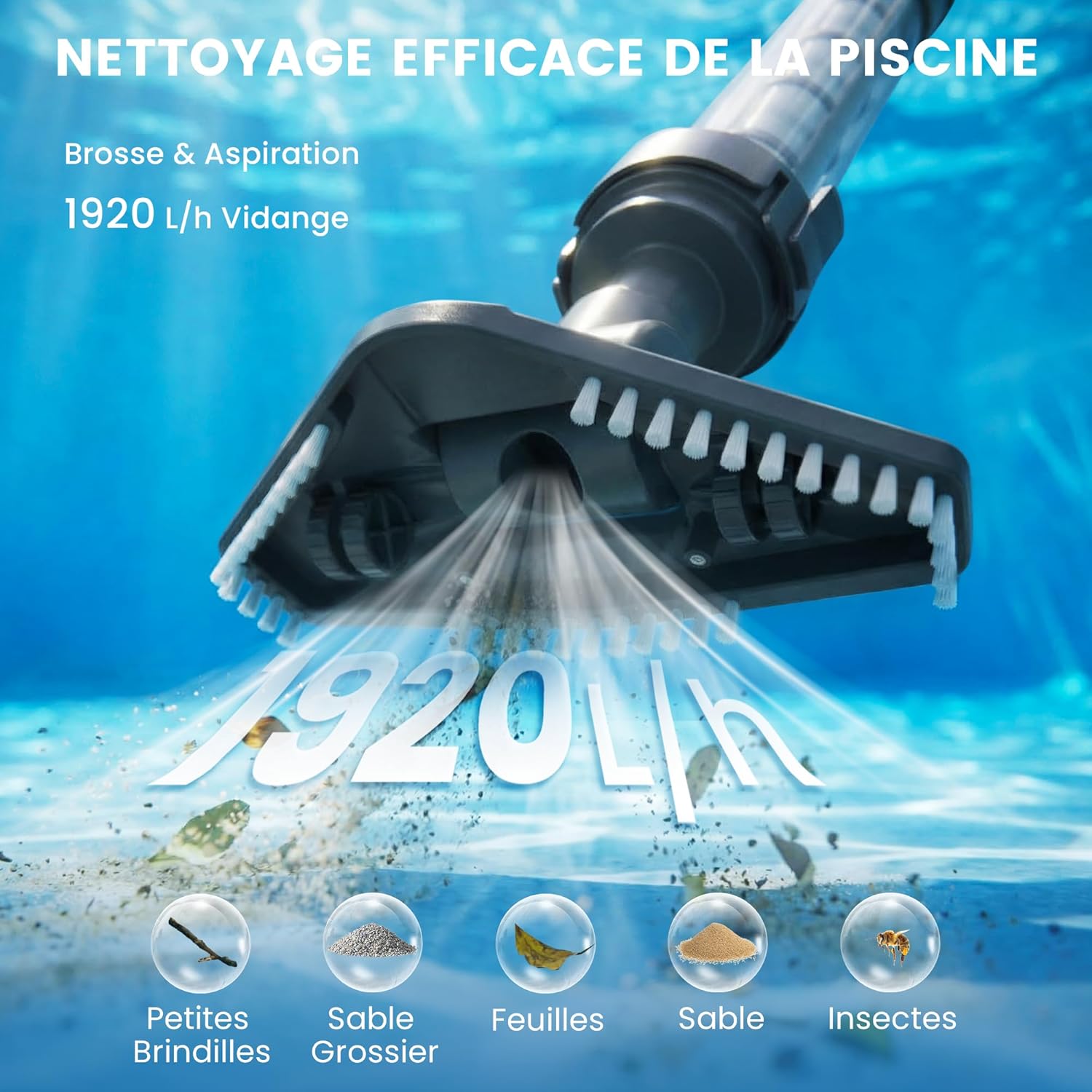 Aspirateur Piscine sans Fil avec Batterie, Autonomie Jusqu’à 60 Min, Aspirateur de Piscine Portable avec Manche Télescopique, Nettoyeur de Fond pour Petites Piscines, Spas et Hot tubs, Bleu