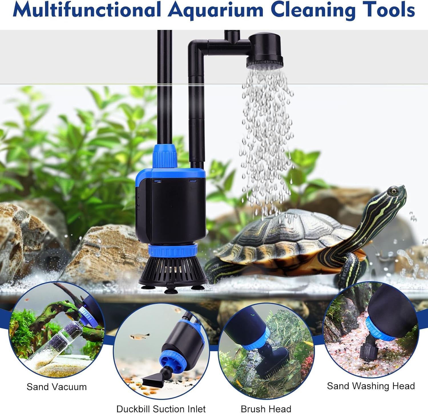 AQQA Aspirateur de fond pour aquarium, 6 en 1 électrique pour changement d'eau d'aquarium, 36W réglable Aspirateur pour aquarium, Ensemble nettoyeur de sable et de gravier pour aquarium, pour