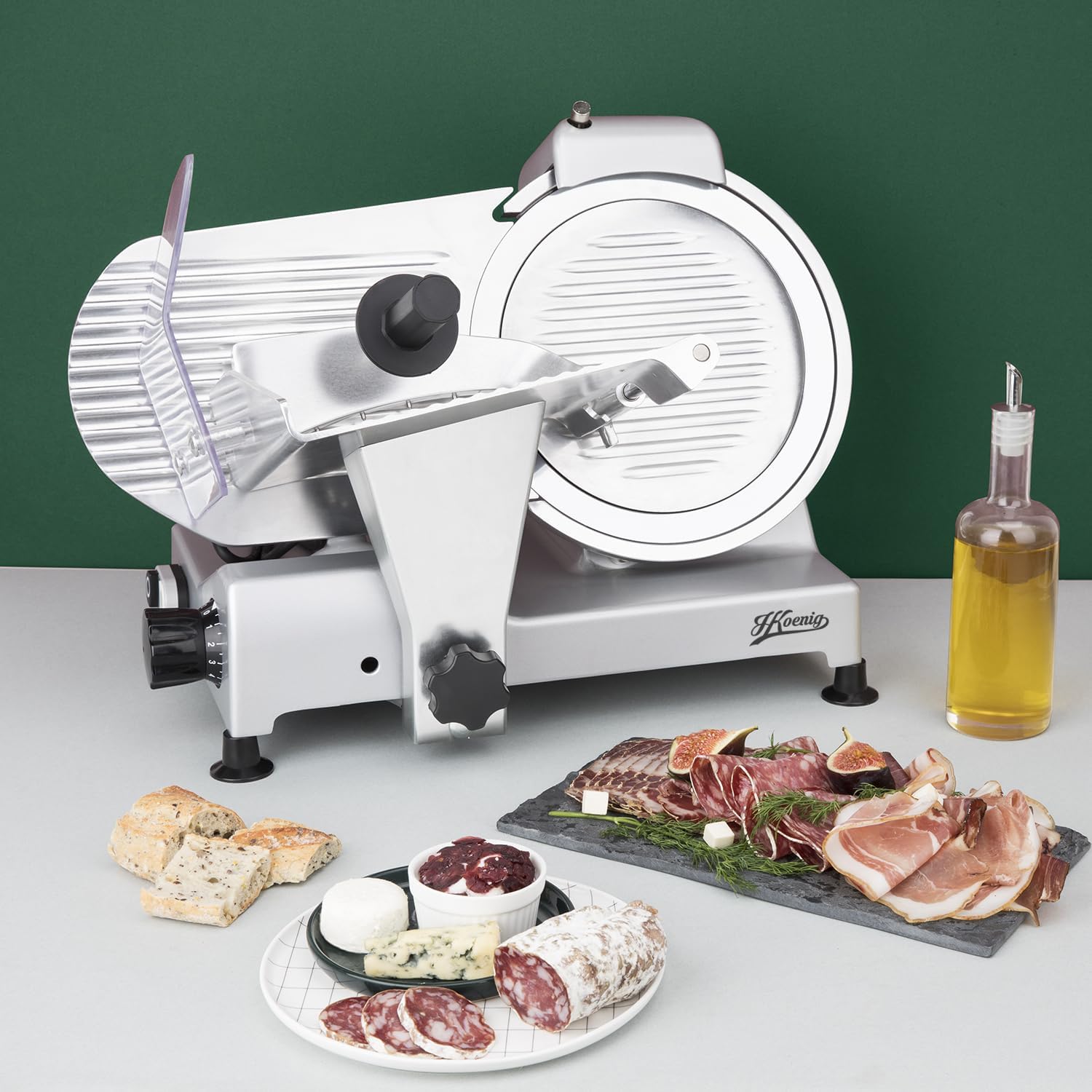 H.Koenig Trancheuse électrique à jambon, viande, saucisson, charcuterie MSX250, professionnelle, précise, épaisseur de la coupe 0-12 mm, lame italienne 25 cm, aiguiseur intégré, large plateau, 282 rpm 250 mm Acier Inoxydable