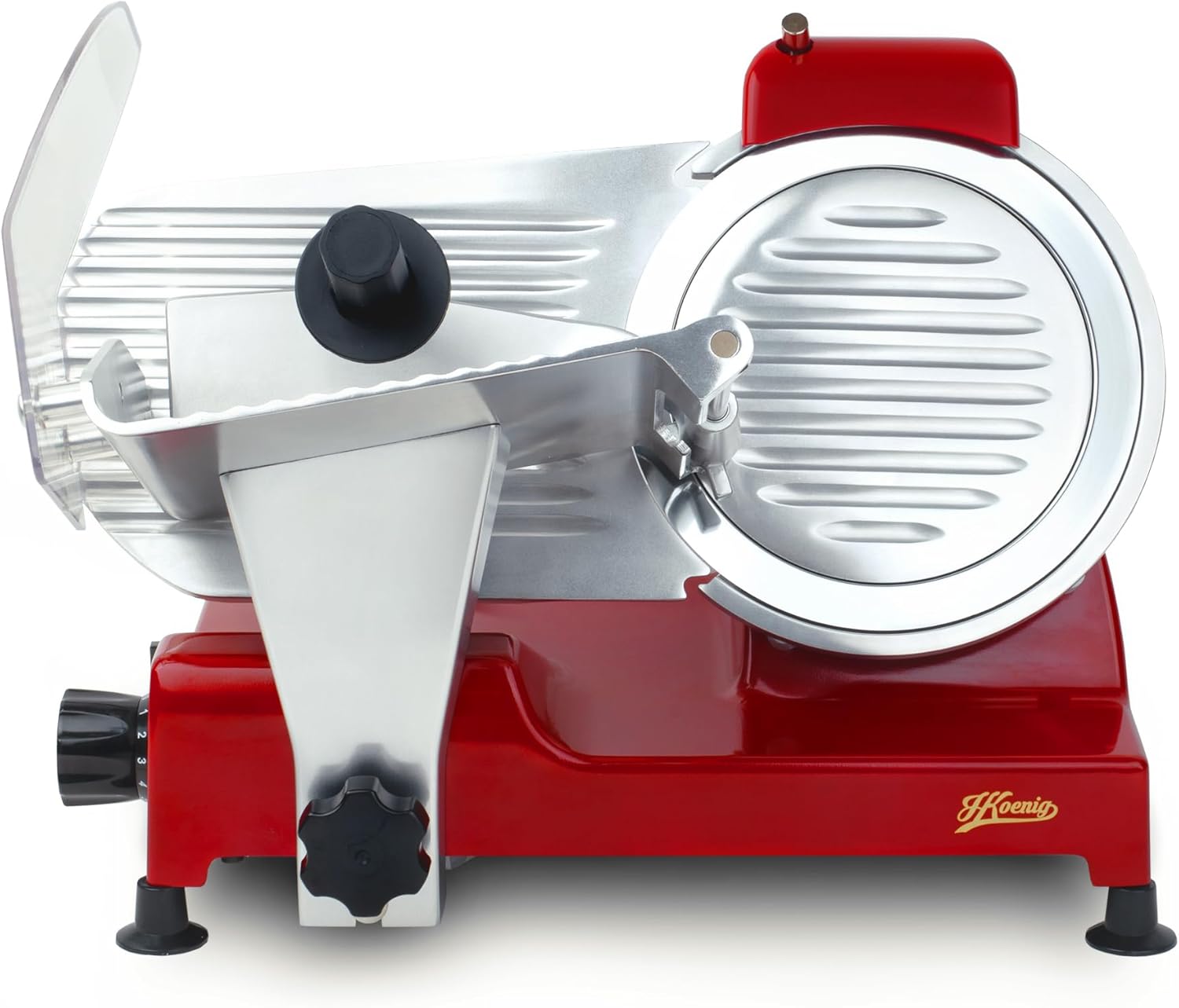 H.Koenig Trancheuse électrique à charcuterie MSX224, professionnelle, précise, épaisseur de la coupe 0-12 mm, lame italienne 20 cm, aiguiseur intégré, large plateau, 282 rpm, Rouge 220 mm Rouge