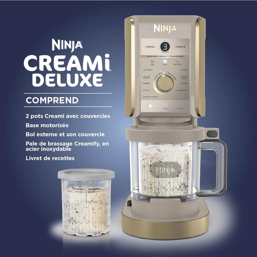 CREAMi Deluxe Machine a glace et sorbetière, 2 bacs, 10 fonctions, crème glacée, yaourts glacés, des milkshakes, des slush, Pièces amovibles lavables au lave-vaisselle, Stone/Or NC502EUSTGD