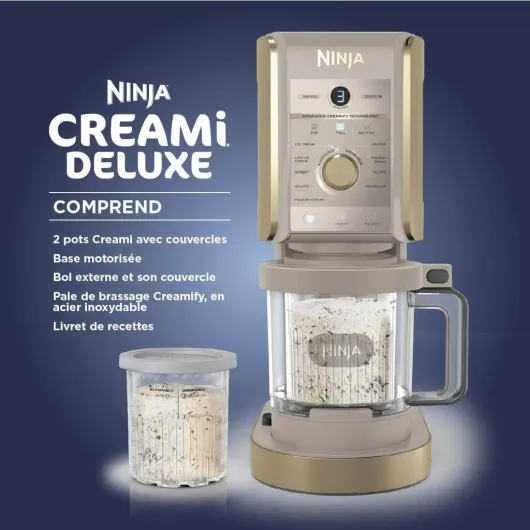 CREAMi Deluxe Machine a glace et sorbetière, 2 bacs, 10 fonctions, crème glacée, yaourts glacés, des milkshakes, des slush, Pièces amovibles lavables au lave-vaisselle, Stone/Or NC502EUSTGD