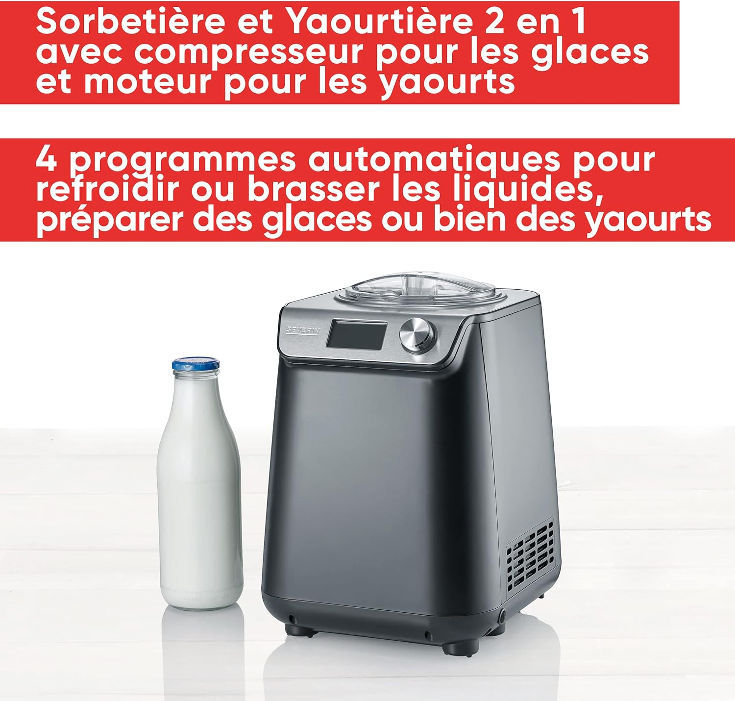 Sorbetière 2-en-1 Compacte 135 W, Sorbetière électrique et yaourtière d'une capacité 1,2 L, Machine à glace avec livre de recettes, noir, EZ 7407 taille unique