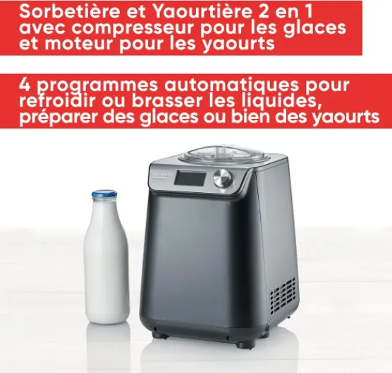 Sorbetière 2-en-1 Compacte 135 W, Sorbetière électrique et yaourtière d'une capacité 1,2 L, Machine à glace avec livre de recettes, noir, EZ 7407 taille unique