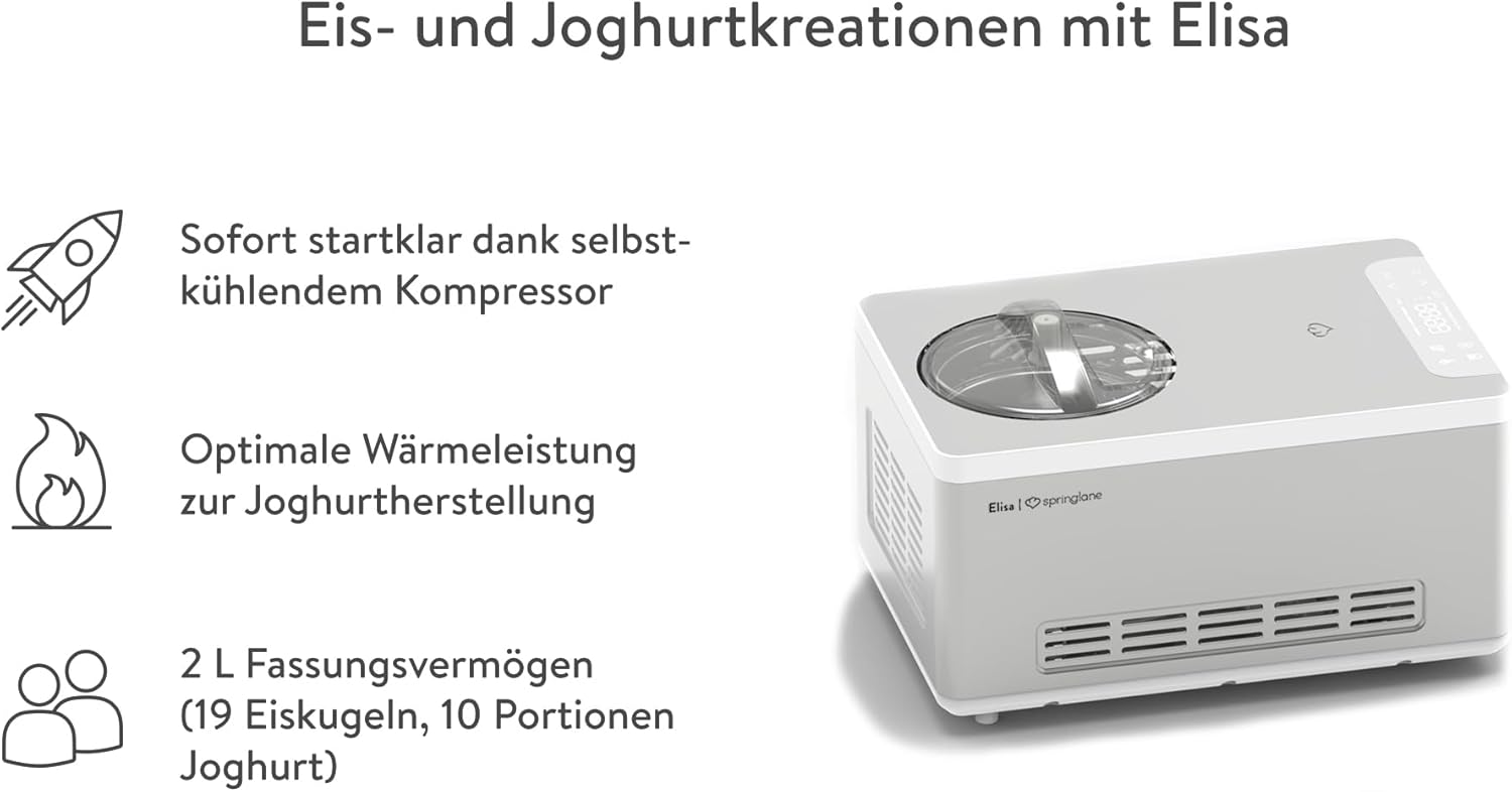 SPRINGLANE Sorbetière et yaourtière Elisa 2,0 L avec compresseur auto-refroidissant 180 W (Argent, avec accessoires) Argent Elisa