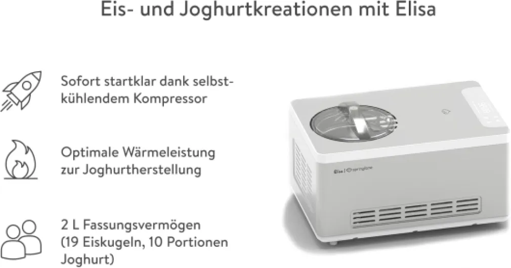 SPRINGLANE Sorbetière et yaourtière Elisa 2,0 L avec compresseur auto-refroidissant 180 W (Argent, avec accessoires) Argent Elisa