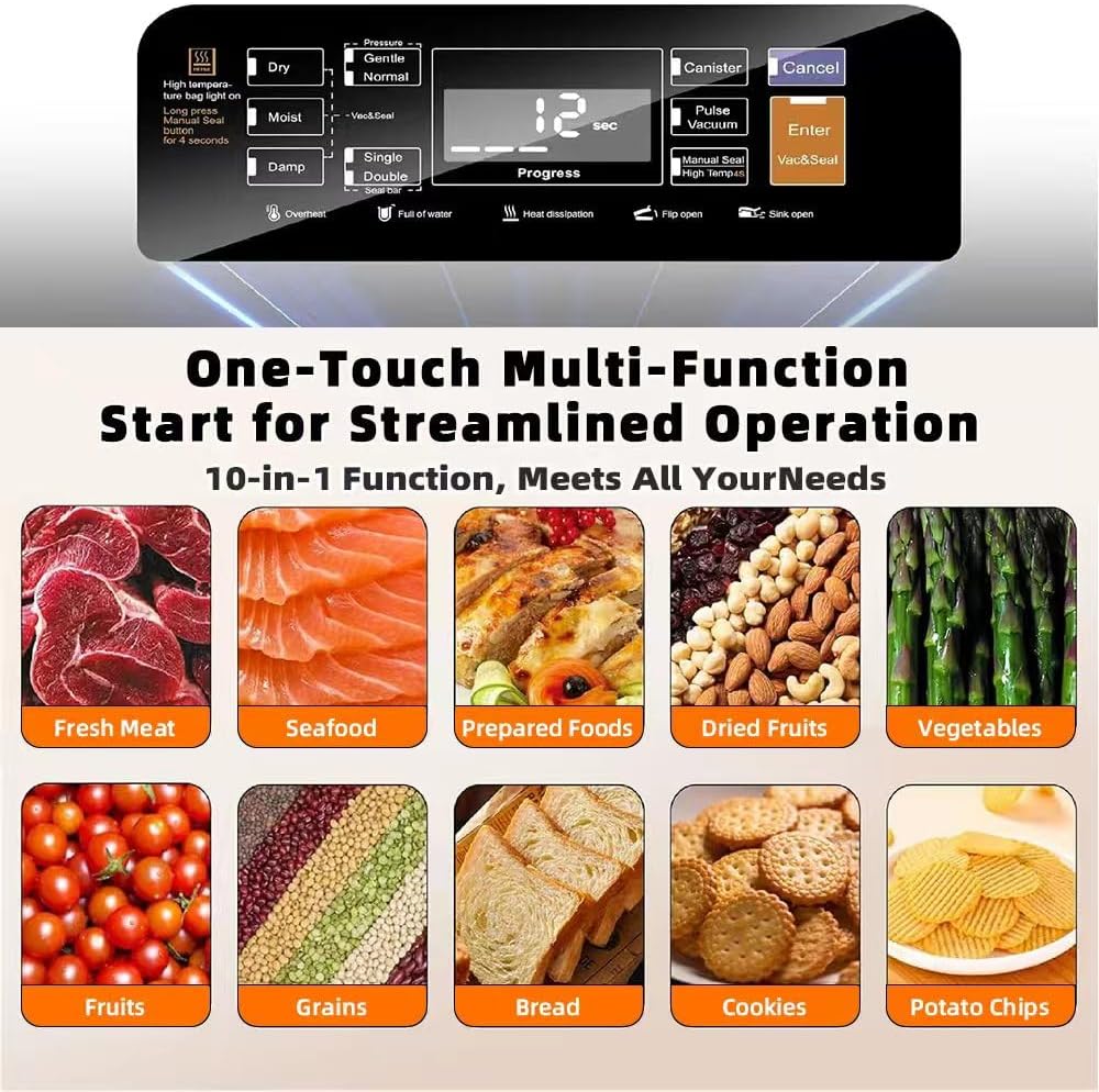 KinZon Machine Sous Vide Alimentaire Automatique avec écran LED, Appareil pour Conservation des Aliments Frais Secs et Humides, Cuisson Sous Vide, Coupeur Intégré, Scelleuse Rapide avec 10 Sacs inclus