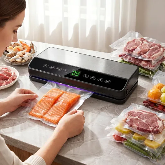 Machine Sous Vide Alimentaire, Automatique Secs et Humides Appareil de Mise Sous Vide, Machine vide Appareil Professionnel avec Cutter intégré, 20 sacs sous vide, 1 sac enroulable et Tube Sous Vide