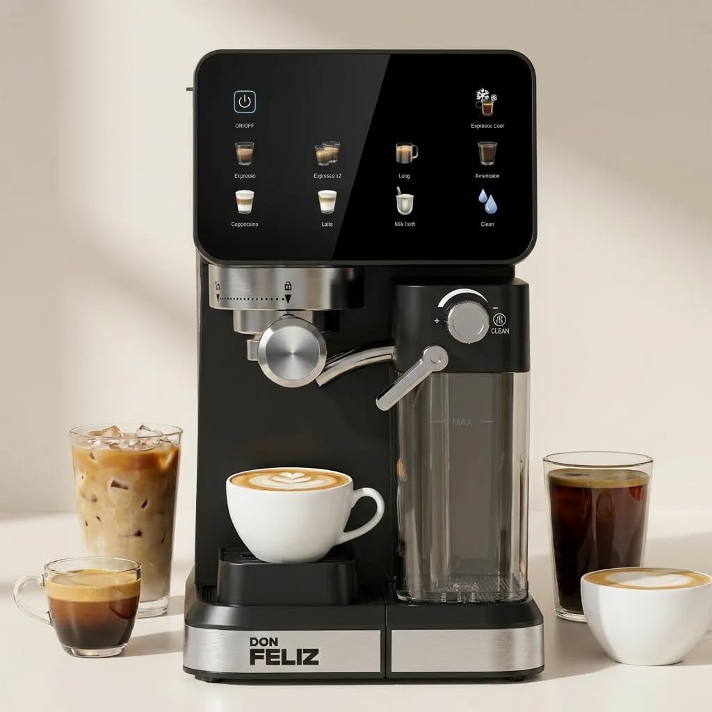 Don Feliz Machine à expresso semi-automatique 20 bar 1350 W avec écran LCD, réservoir de lait 500 ml, compatible Nespresso, Espresso, Cappuccino, Americano, réservoir d'eau 1,5 l, autonettoyante