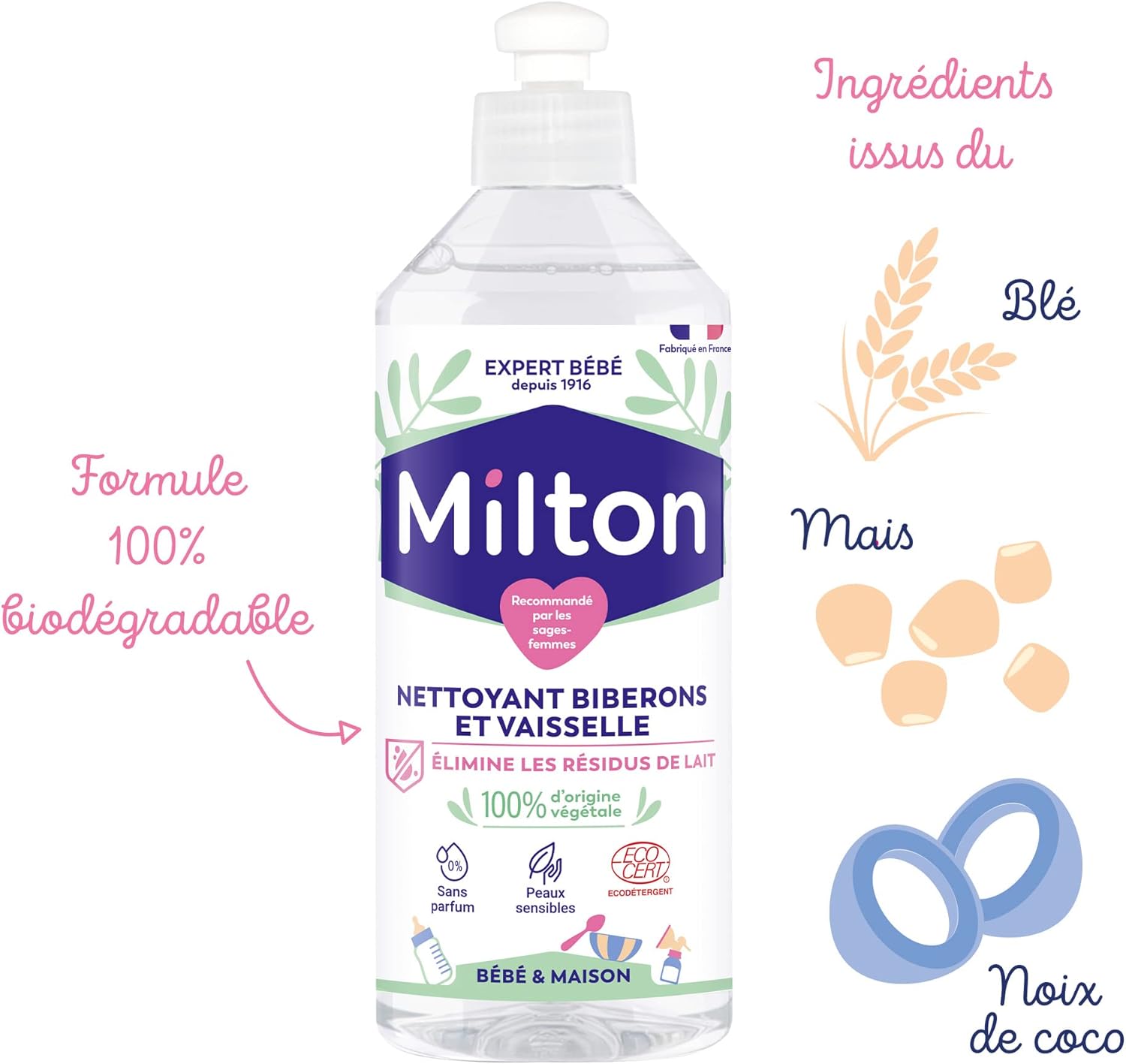 Liquide Nettoyant pour Biberon, tétines, accessoires de Bebe et vaisselle - Hypoallergénique -Testé Dermatologiquement -500 ml- Blanc
