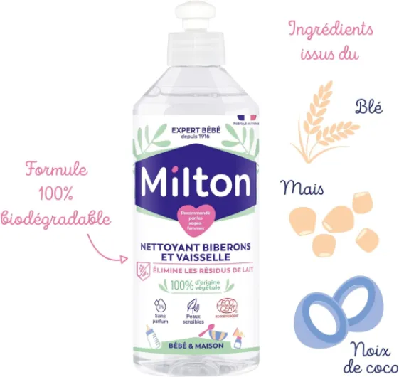Liquide Nettoyant pour Biberon, tétines, accessoires de Bebe et vaisselle - Hypoallergénique -Testé Dermatologiquement -500 ml- Blanc