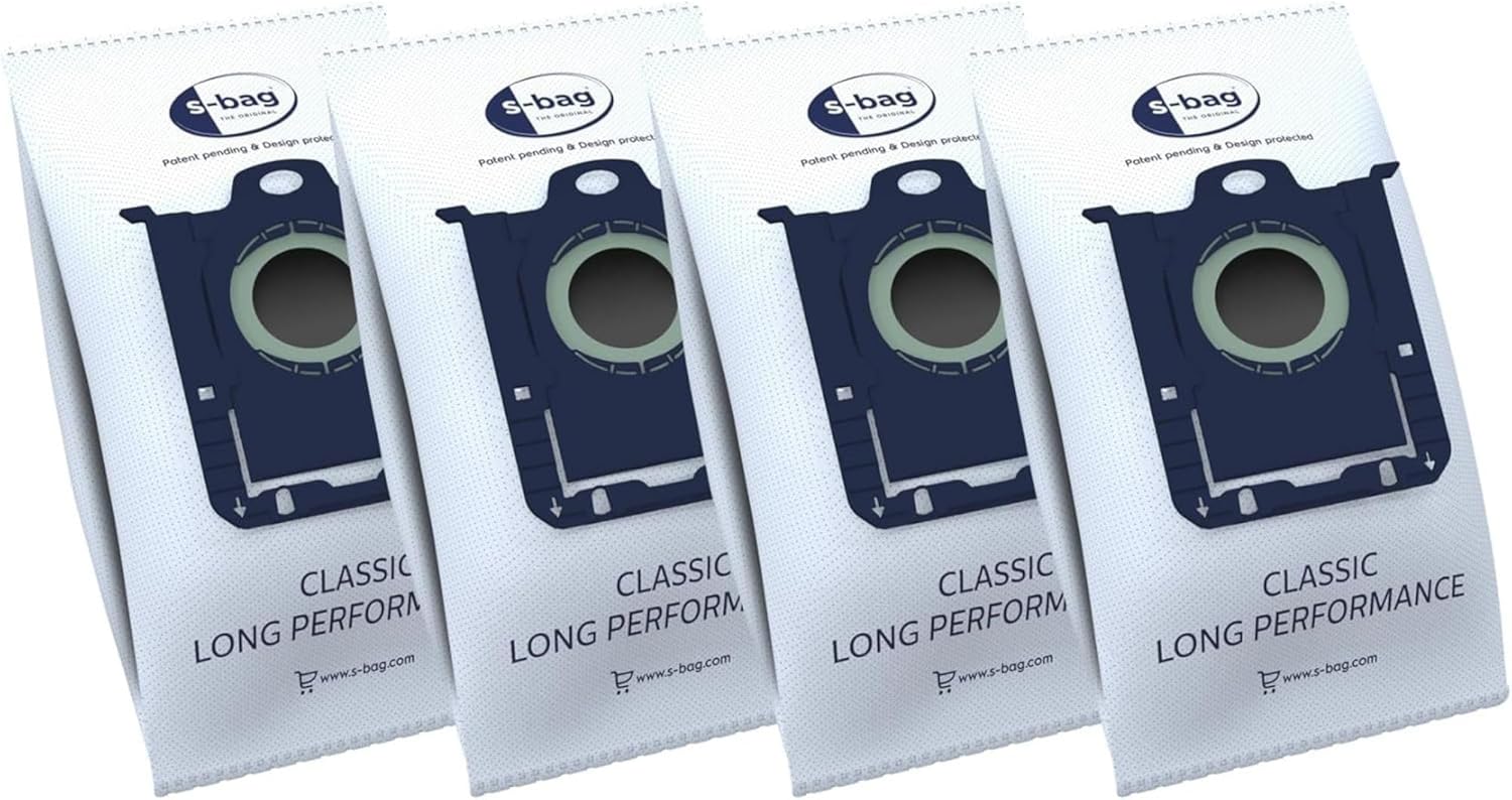 E201S Sacs Aspirateur S-Bag Long Performance, Boite de 4 Sacs, 3,5 litres, Powerflow, Système de Fermeture Automatique hygiénique, Convient à de Nombreux Types d'aspirateurs Lot de 4