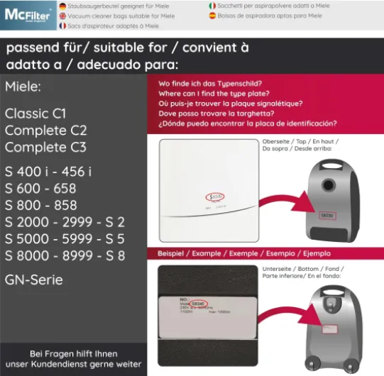 McFilter I 20 sacs d'aspirateur compatible avec aspirateur Miele GN I 3D Efficiency I S2 S4 S5 S6 S8 Complet C2/C3 Classique C1 I comme Miele 9917730 I joint anti-poussière automatique avec filtre