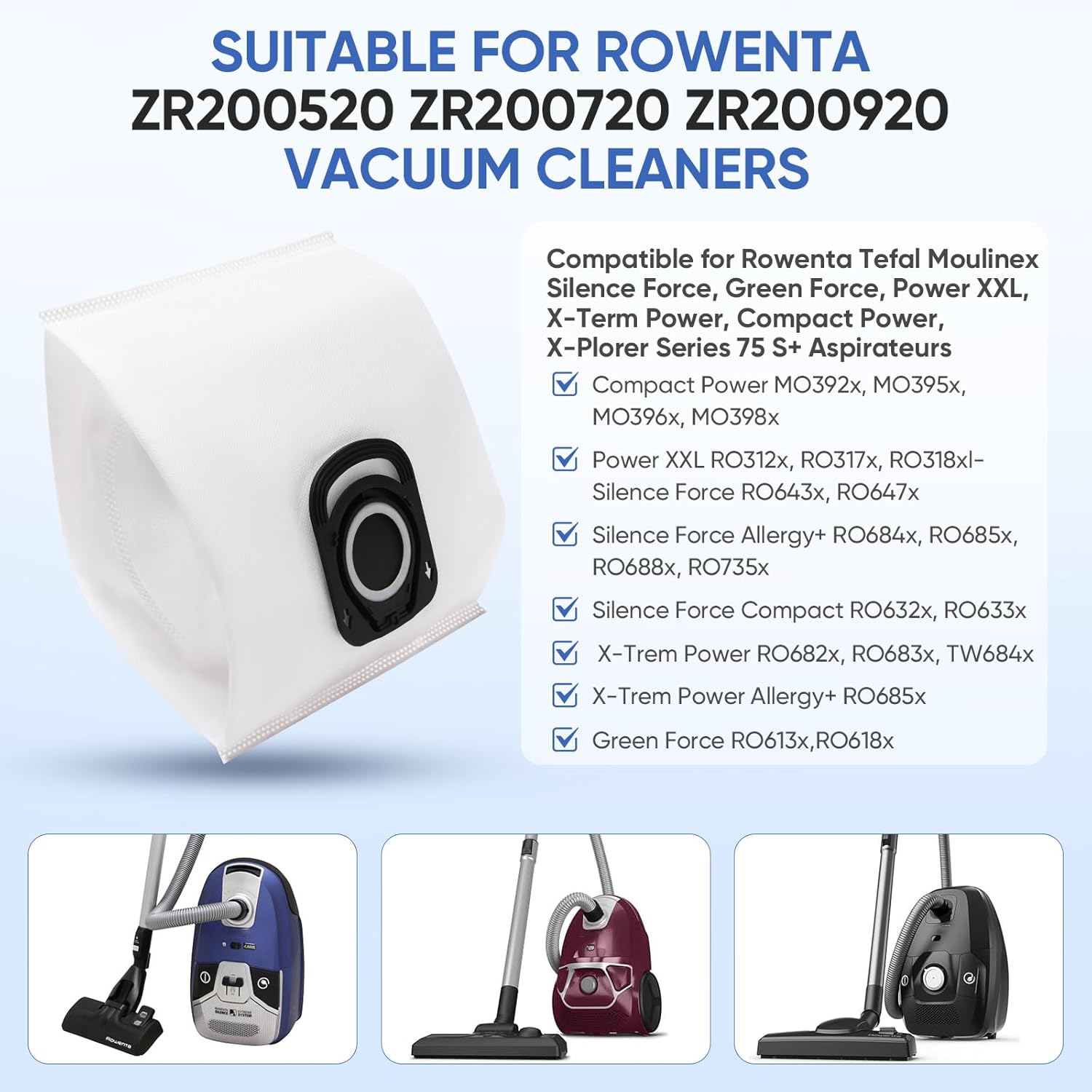 Lot de 15 sacs Hygiène+ ZR200520 ZR200720 ZR200920 Compatibles avec Rowenta Tefal Moulinex Silence Force,Green Force,Power XXL,X-Term Power,Compact Power Aspirateurs RO3969EA,RO3143EA,RO7473EA