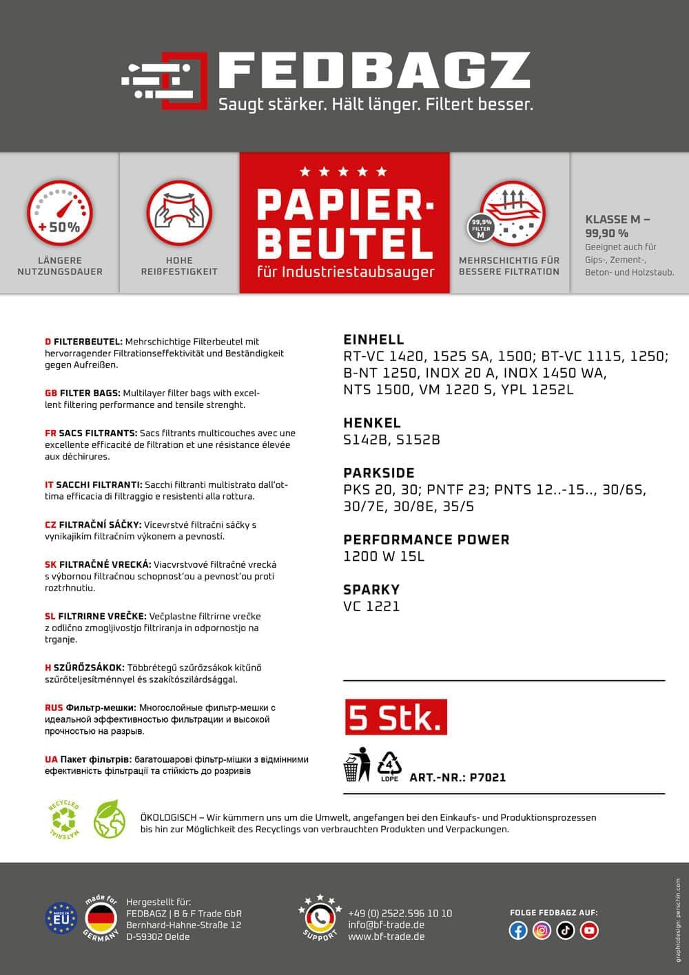 Lot de 5 sacs d'aspirateur en papier pour Parkside PNTS 1250, 1250/9, PNTS 1300 A1 B2 C3 D3 E4 F5 PWD 12 A1, PAS 500 D3 - Multicouches - Indéchirable - Durée d'utilisation 50 % plus longue kompatibel mit Parkside, Einhell, Henkel, Sparky
