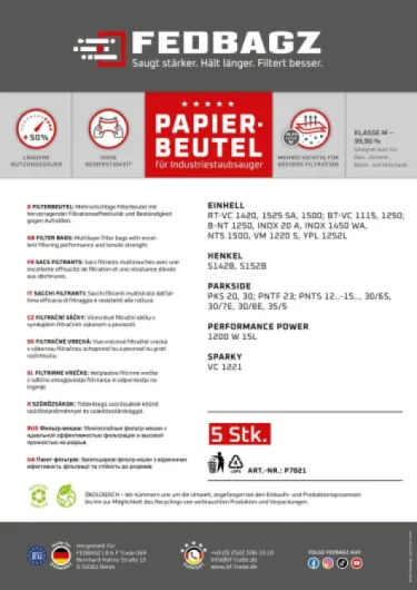 Lot de 5 sacs d'aspirateur en papier pour Parkside PNTS 1250, 1250/9, PNTS 1300 A1 B2 C3 D3 E4 F5 PWD 12 A1, PAS 500 D3 - Multicouches - Indéchirable - Durée d'utilisation 50 % plus longue kompatibel mit Parkside, Einhell, Henkel, Sparky